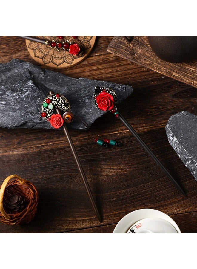 3 Pieces Japanese Chinese Hair Stick Retro Wooden Hairpin Flower Hair Chopsticks Handmade Wooden Hair Stick Classic Hair Chopstick Hair Pins for Long Hair