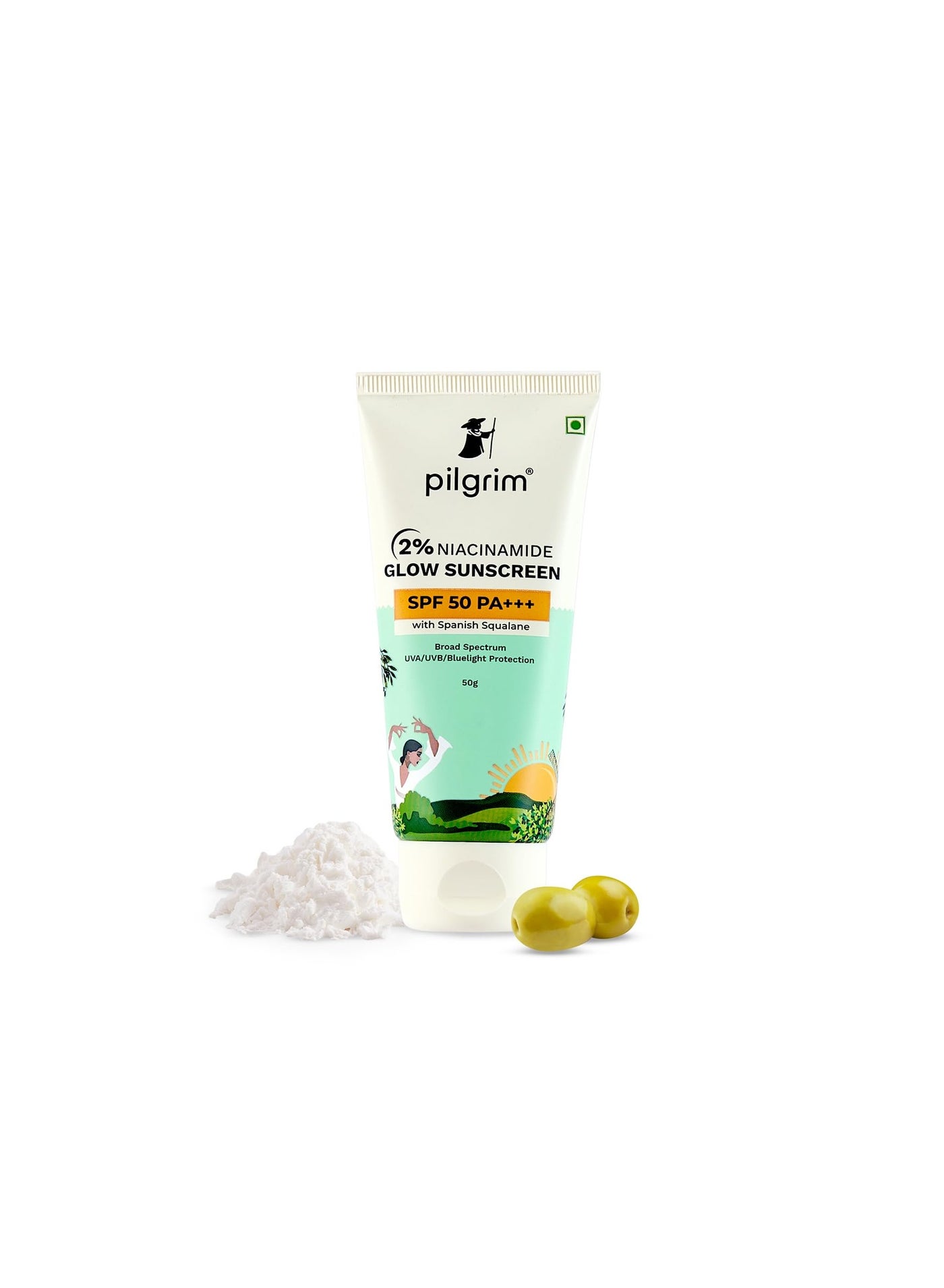 Pilgrim 2% Niacinamide Glow Sunscreen SPF 50 +++ for men and women with Spanish Squalane | Enhances Glow, Broad spectrum, Non-greasy, No white cast & Prevents Tanning | All skin types | 50 gm