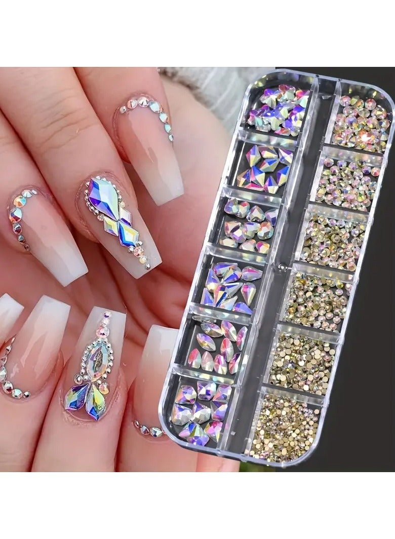 Vibrant 3D Crystal AB Nail Art Rhinestones - 12-Grid Mixed Shapes, Easy Apply & Long-Lasting Gems for DIY & Salon Designs