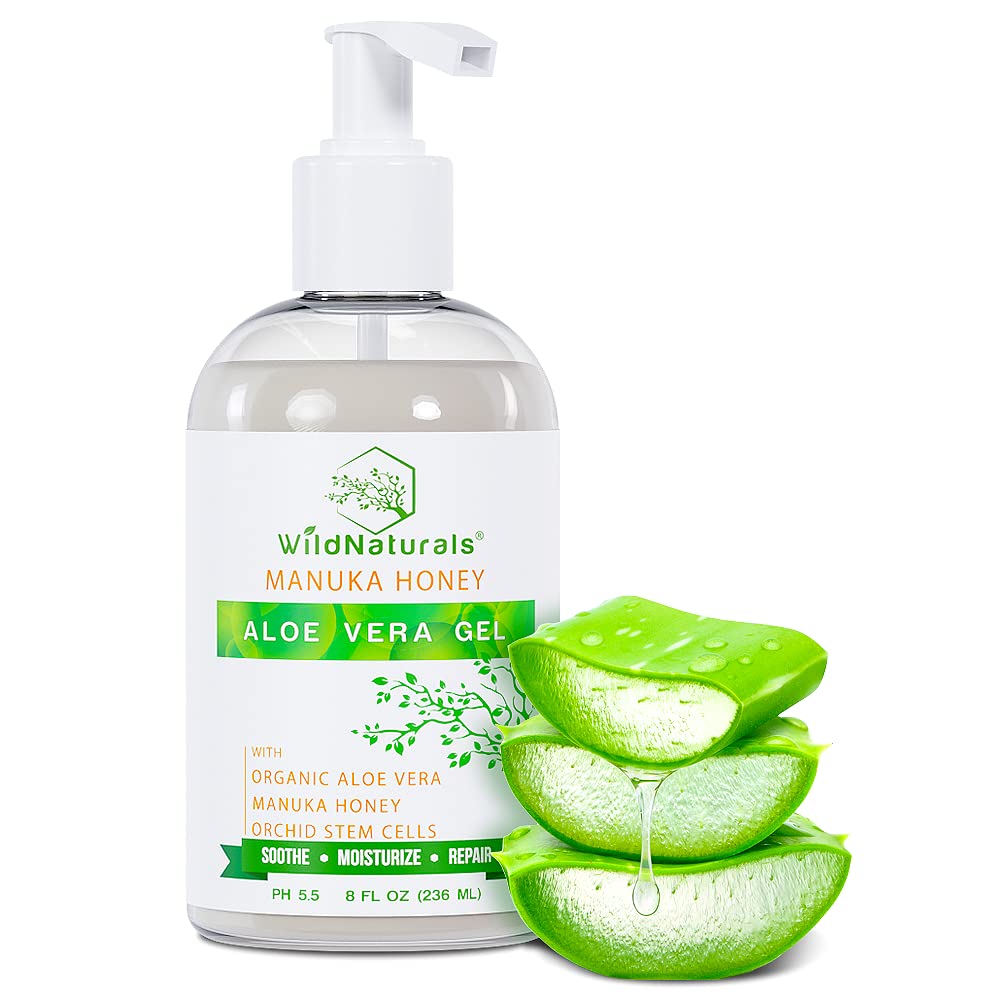 Wild Naturals 100% Pure Aloe Vera Gel with Manuka Honey â€“ Organic Gel for Sunburn Relief, Acne, Scars & Dry Scalp â€“ Moisturizing Gel for Face, Hair & Body