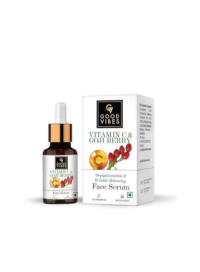 Good Vibes Vitamin C & Goji Berry Depigmentation & Wrinkle Balancing Face Serum - Light Weight Formula - Smoothens Skin Reduce Wrinkle & Fine Lines - All Skin Types - Parabens & Silicon Free - 10 ml