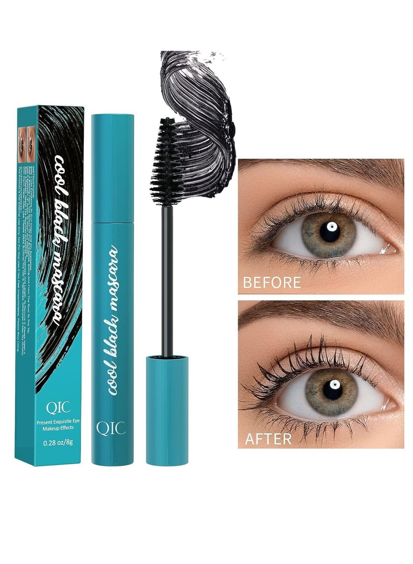 Cool Black Mascara Vegan Mascara Fiber Mascara Best Volumizing Mascara for Long Lashes Liquid Lash Extension Mascara Waterproof Sweat Resistant 24-Hour Non-Stick Effect