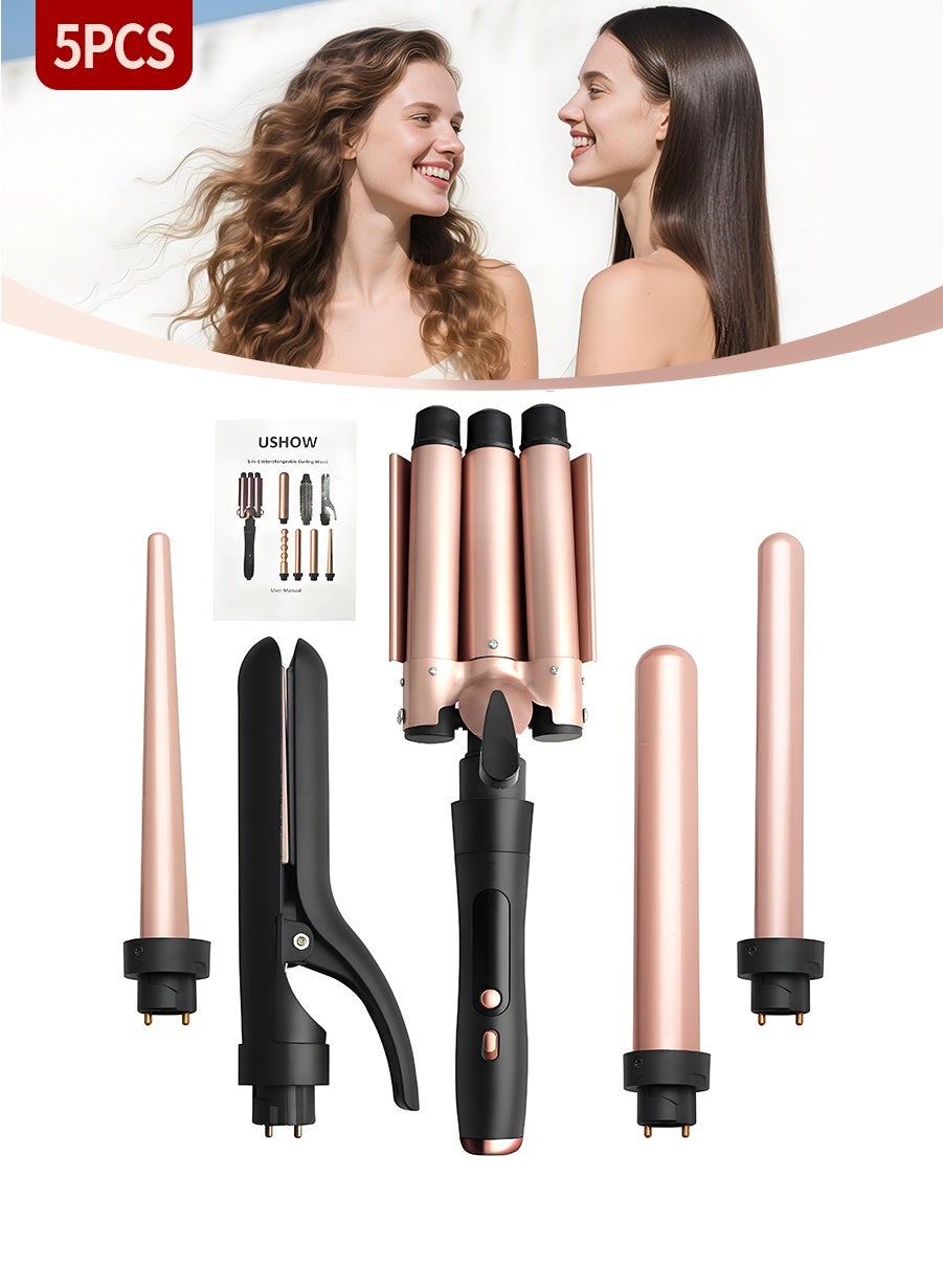 5-In-1 Hair Styling Set, Professional Curling Iron Kit With 5 Interchangeable Ceramic Barrels (9-32mm), Featuring LED Temperature Adjustment And Heating Functions For Curling And Straightening.