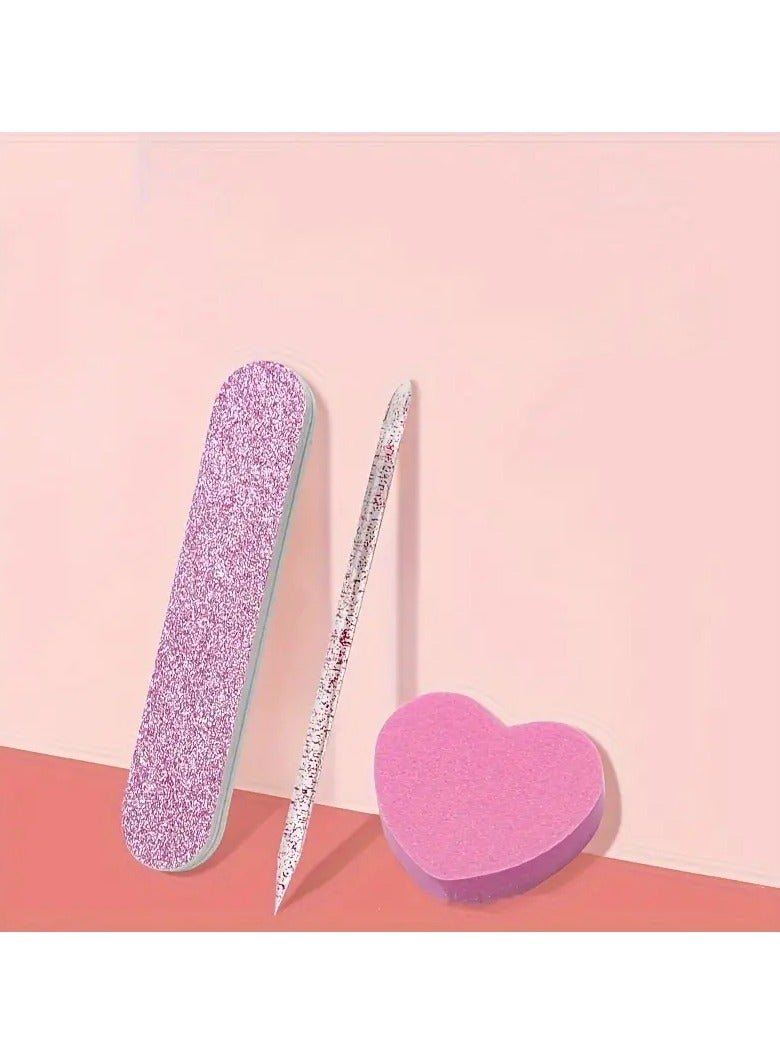 3pcs Manicure Tool Set, Crystal Dotting Pen, Heart-shaped Tofu Block, And Wooden File For Polishing And Shaping