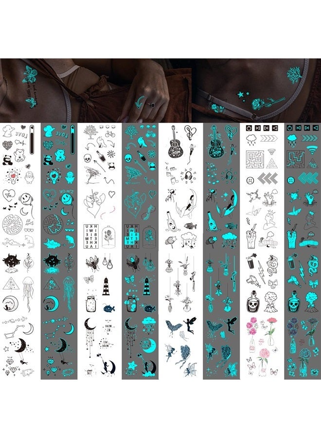 Glaryyears Glow in the Dark Blue Temporary Tattoos for Adults, 180+ Mixed Styles 36 Sheets Fake Body Tattoo Stickers, Unique Accessory Luminous for Men Women Party Favors Supplies Nightclub Pub
