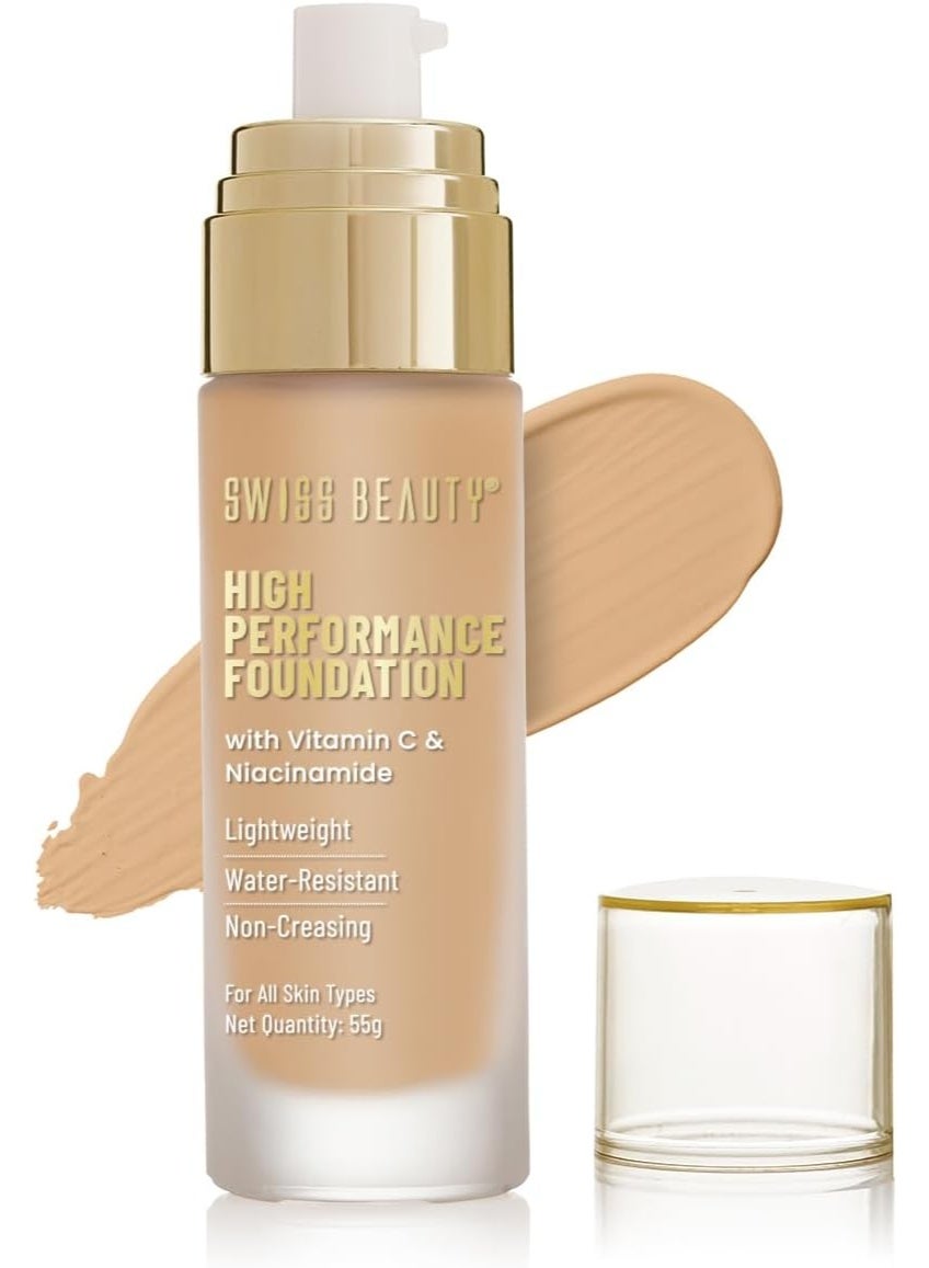 Swiss Beauty High Performance Foundation | Water-Resistant | Medium to Buildable Coverage | Lightweight | Easy to Blend | With Vitamin C & Niacinamide | Natural Buff Shade - 07, 55g