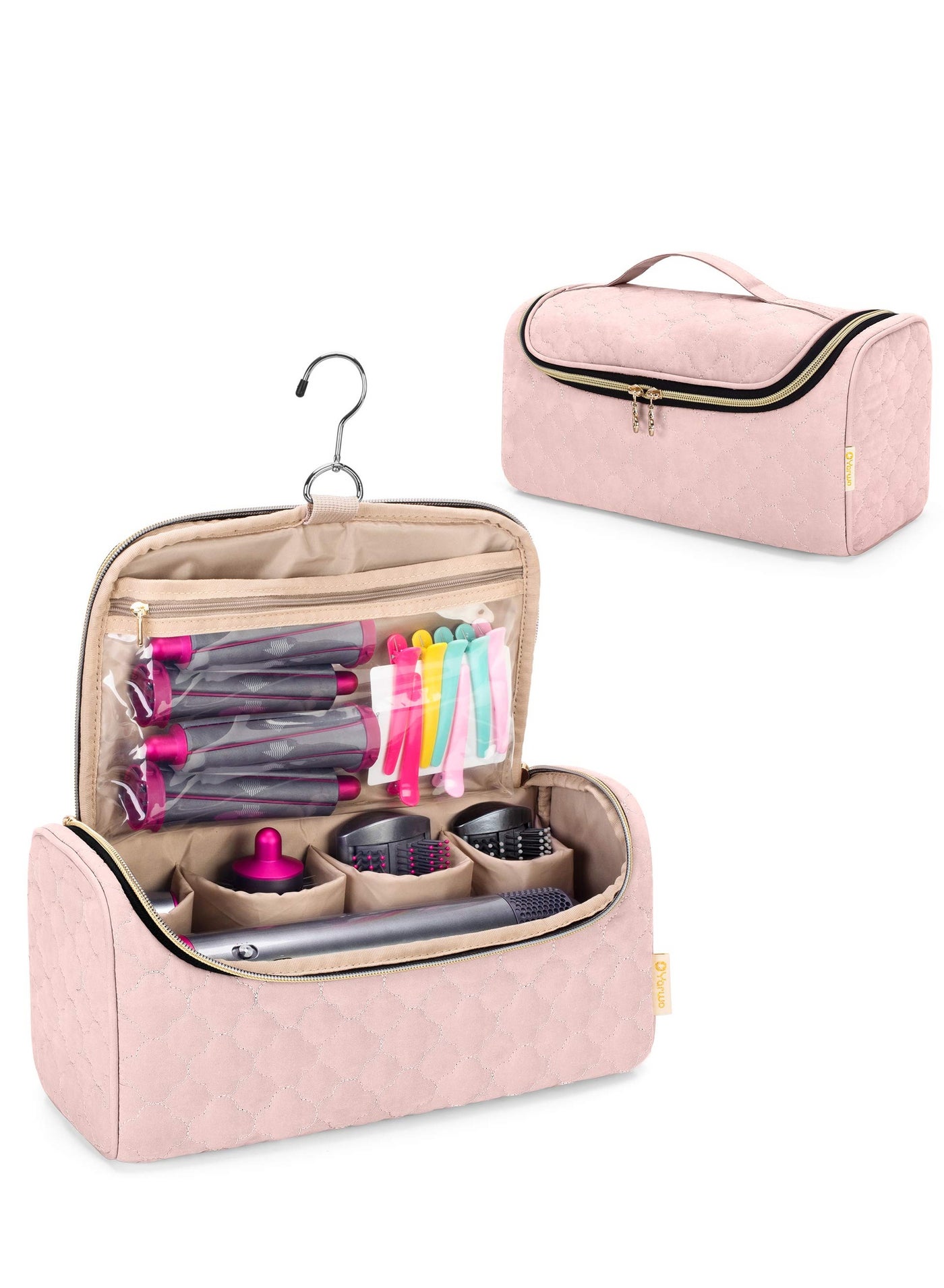 Portable Travel Case for Airwrap Complete Styler and Attachments, Pink Storage Bag with Hanging Hook for Hair Curler Accessories. Perfect for On-the-Go Styling!