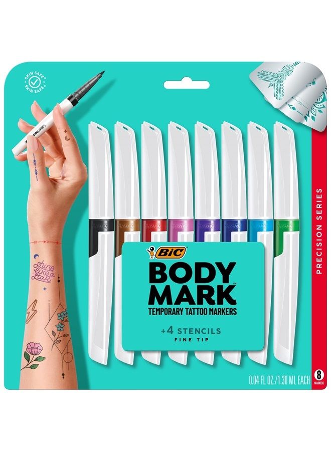BodyMark Temporary Tattoo Markers for Skin, Precision Series, Fine Tip, 8-Count Pack of Assorted Colors, Skin-Safe*, Cosmetic Quality (MTBFP81-AST)