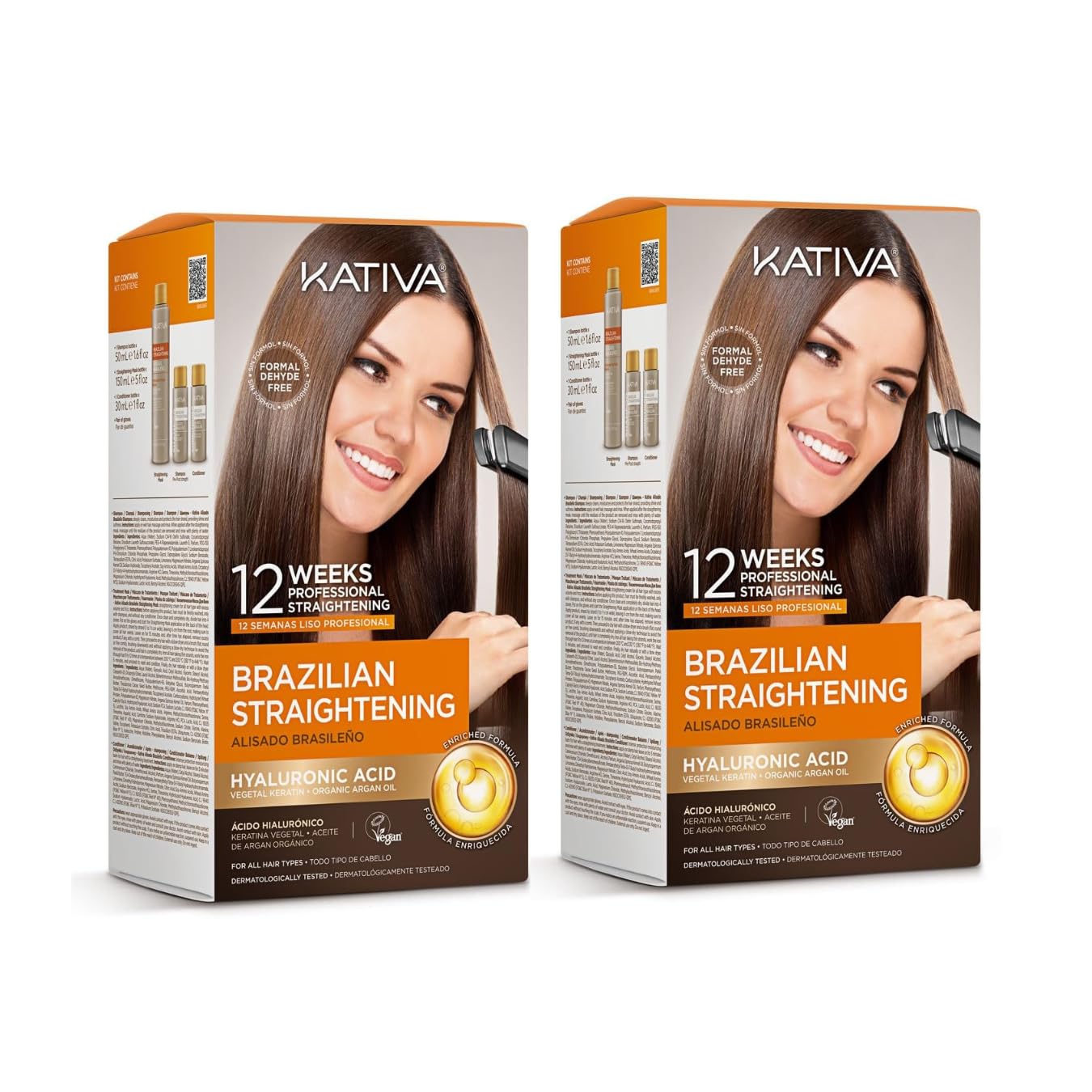 Kativa Brazilian Straightening Kit, 12 Weeks of Home Use Professional Straightening, with Organic Argan Oil, Shea Butter, Keratin & Amino Acids, for Straighter, Softer and Shinier Hair, All Hair Types â€“ Pack of 2