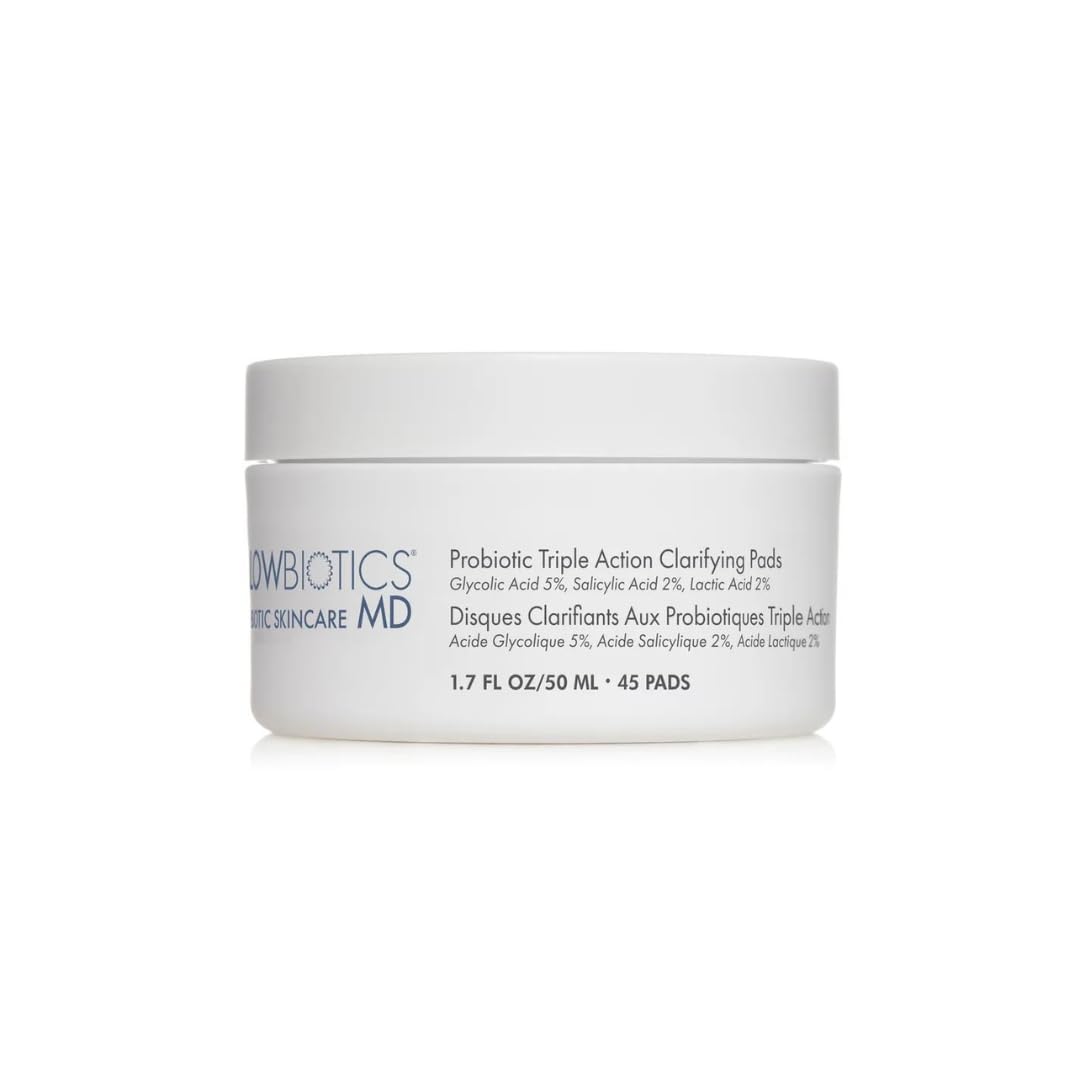 Glowbiotics Probiotic Triple Action Clarifying Pads: Helps Prevent Breakouts, Enhances Skin Radiance & Minimizes Shine | With 5% Glycolic, 2% Lactic, 2% Salicylic Acid, 60 Pads