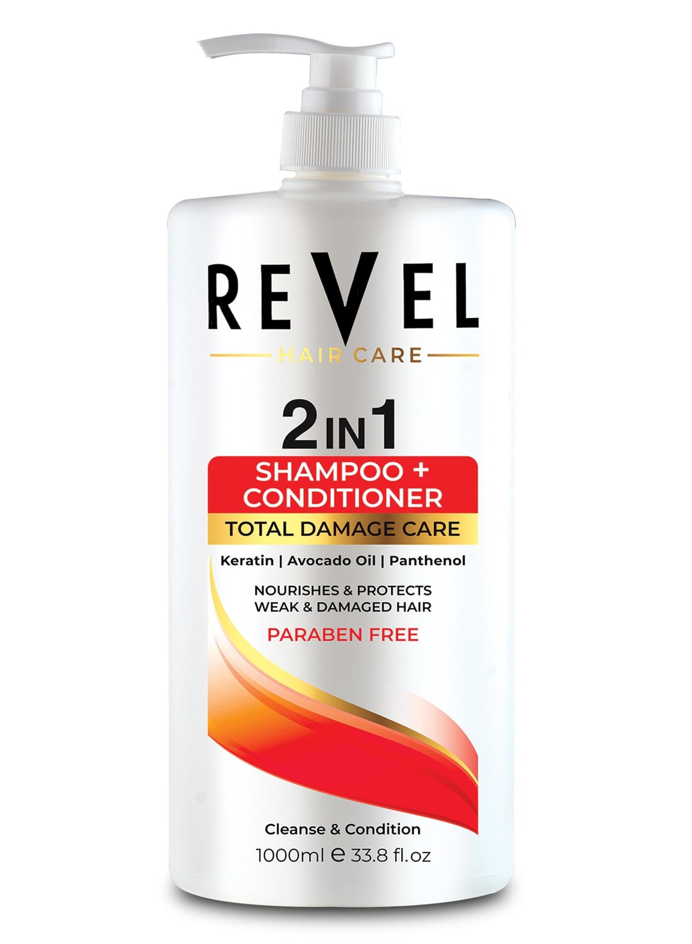 Revel Hair Care Total Damage Care 2 In 1 Shampoo + Conditioner 1000ml, Keratin, Avocado Oil, Panthenol, For Men & Women, Shampoo & Conditioner, Paraben Free, Sulfates Free, Regrowth Hairs