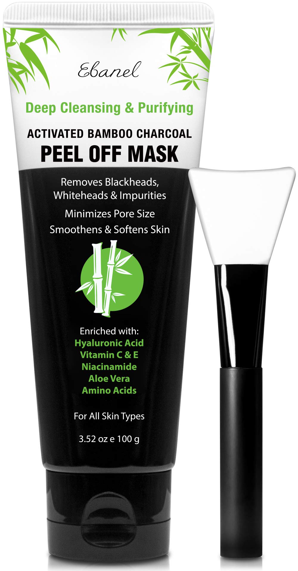 Ebanel Charcoal Peel Off Face Mask Applicator Set, Deep Pore Cleansing Minimizer Blackhead Remover with Niacinamide, Hyaluronic Acid, Vitamin C, Green Tea, Deep Cleanse Black Masks Peel Off Gel Mask