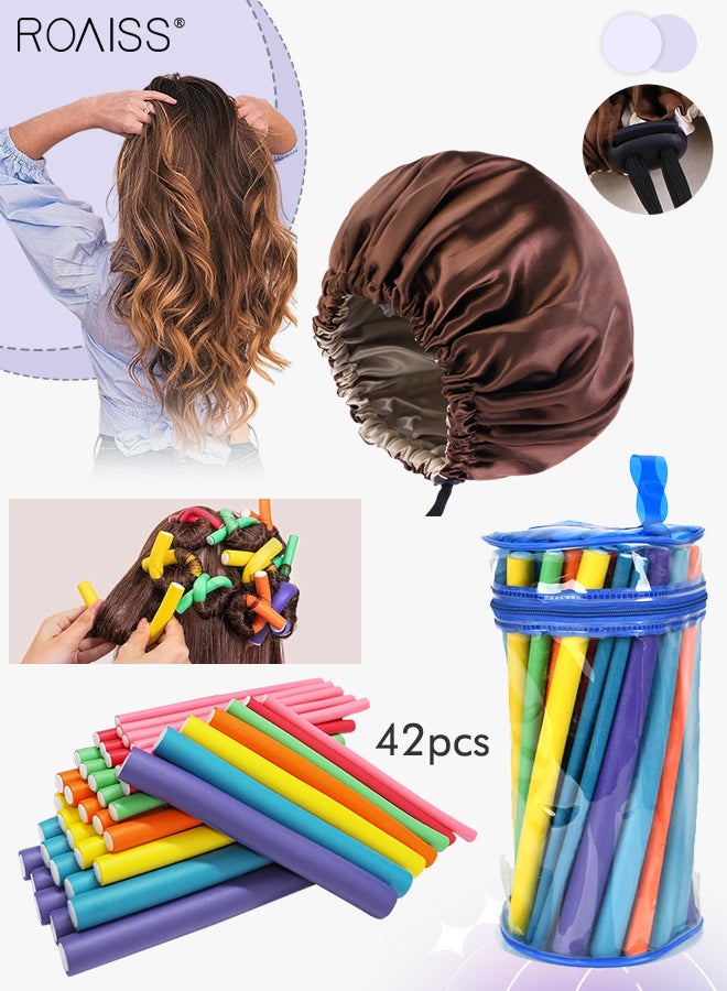 42 Pieces Flexible Curling Rods, 7 Sizes Hair Twist Rods No Heat Hair Curler, Twist-flex Foam Hair Rollers to Sleep in with Hair Bonnet Cap for Women Hair Styling