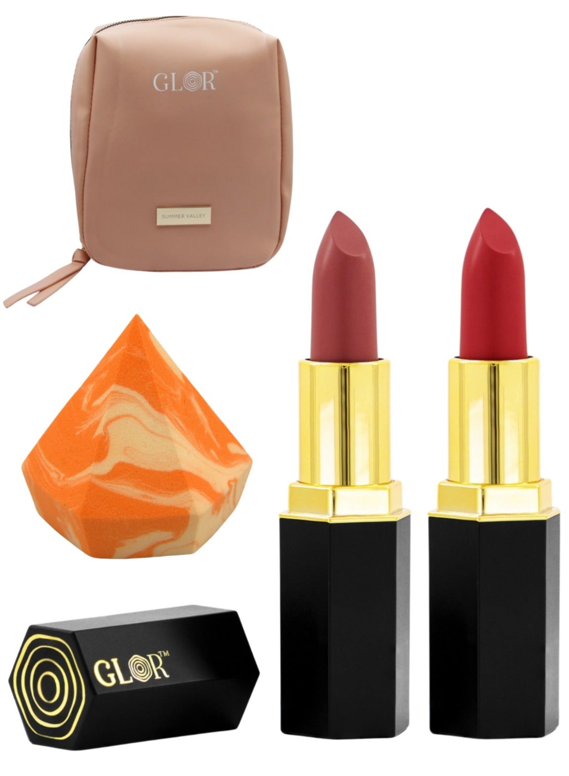 Glor Endless Charm Lipstick– Intense Long-Lasting Color, Luxurious Moisture, Ultra-Creamy Formula for Beautiful Lips-Raspberry Range + Voila + 1 Beauty Blender + 1 Cosmetic Bag