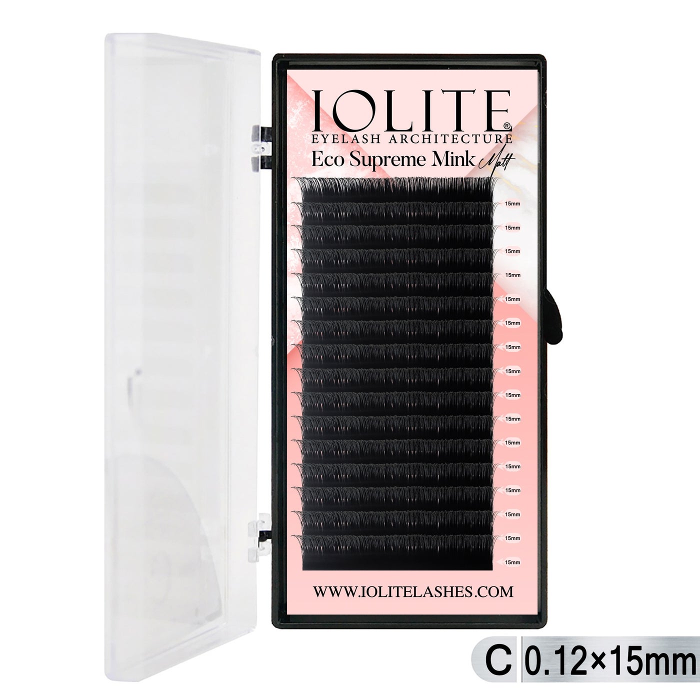 Iolite Eco Supreme Mink Matt Lash Extension Tray C – Curl – 0.12T (6mm–15mm) – Matt Finish, Premium Eco-Friendly Eyelashes for Lash Artists ISMMC12T - 15MM