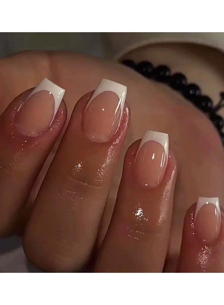 White French Tip Nails, Nude Pink Press On Nails Solid Glue On Nails Full Cover Short Square False Nails For Women Girls Daily Wear 24pcs