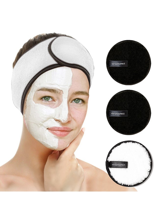 Reusable Sponge Makeup Remover Pad with Headband Cloth Face & Eye Cleansing Washable Makeup Removing Pad [3 Circle Puffs 1 Head Band ] Microfiber Powder Puff
