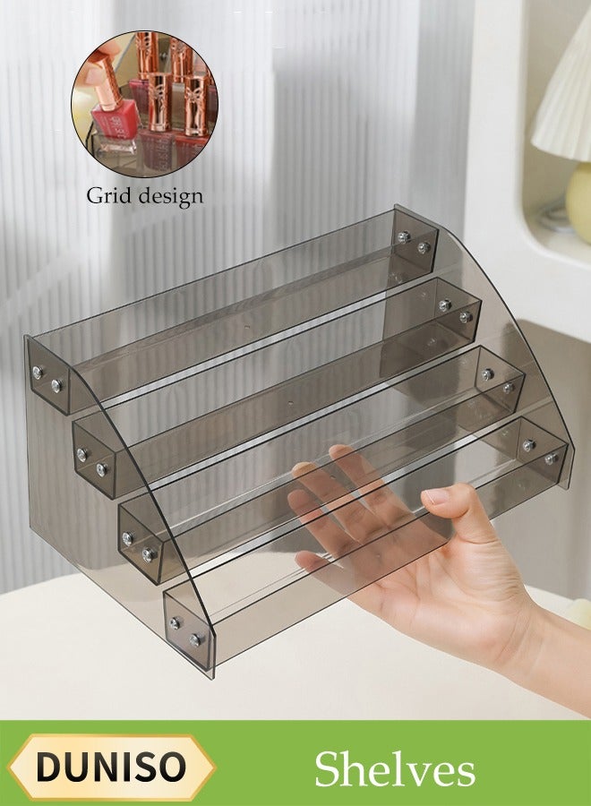 4-Layer Transparent Black Nail Polish Display Holder， Nail Polish Rack, Multi-Layer Trapezoidal Cosmetics Lipstick Organizer, Desktop Display Stand, Suitable For Eyeshadow Palette, Powder Pad, Lipstick And Perfume Organization, Professional Nail Salon Makeup Table