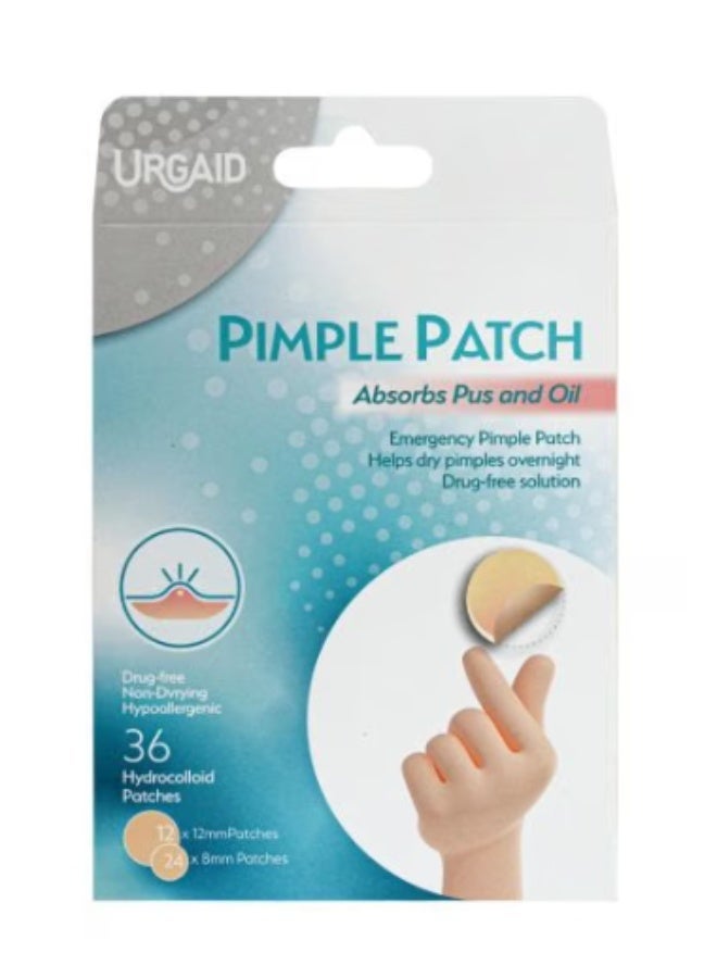 Urgaid Hydrocolloid Pimple Patch – Absorbs Pus & Oil for Faster Healing, 36 Invisible Acne Patches (12×12 mm + 24×8 mm)
