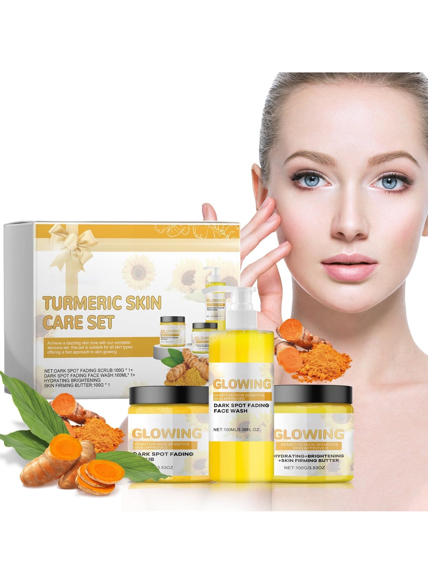 Turmeric Facial Skin Care Set, Temeric Cream, Facial Cleansing, Face Wash, Oil Control, Skin Nourishing Exfoliating Cream, Facial Purifying Cream