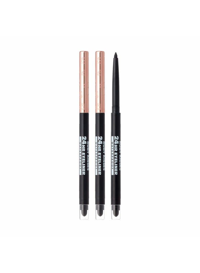 Waterproof Eyeliner, 24HR Waterproof Long-Lasting Mechanical Eyeliner Pencil with Built-in Sharpener, Smudgeproof 3 Pack (Blackest Black)