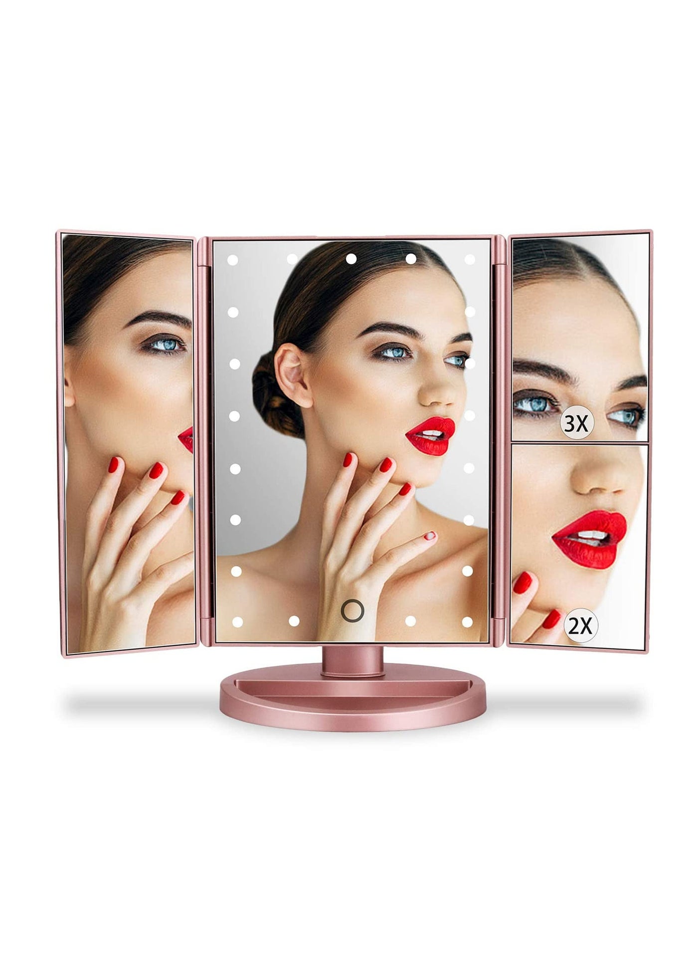 1X 2X 3X Magnification Tri-Fold Makeup Mirror with 22 LED Lights (Rose Gold)