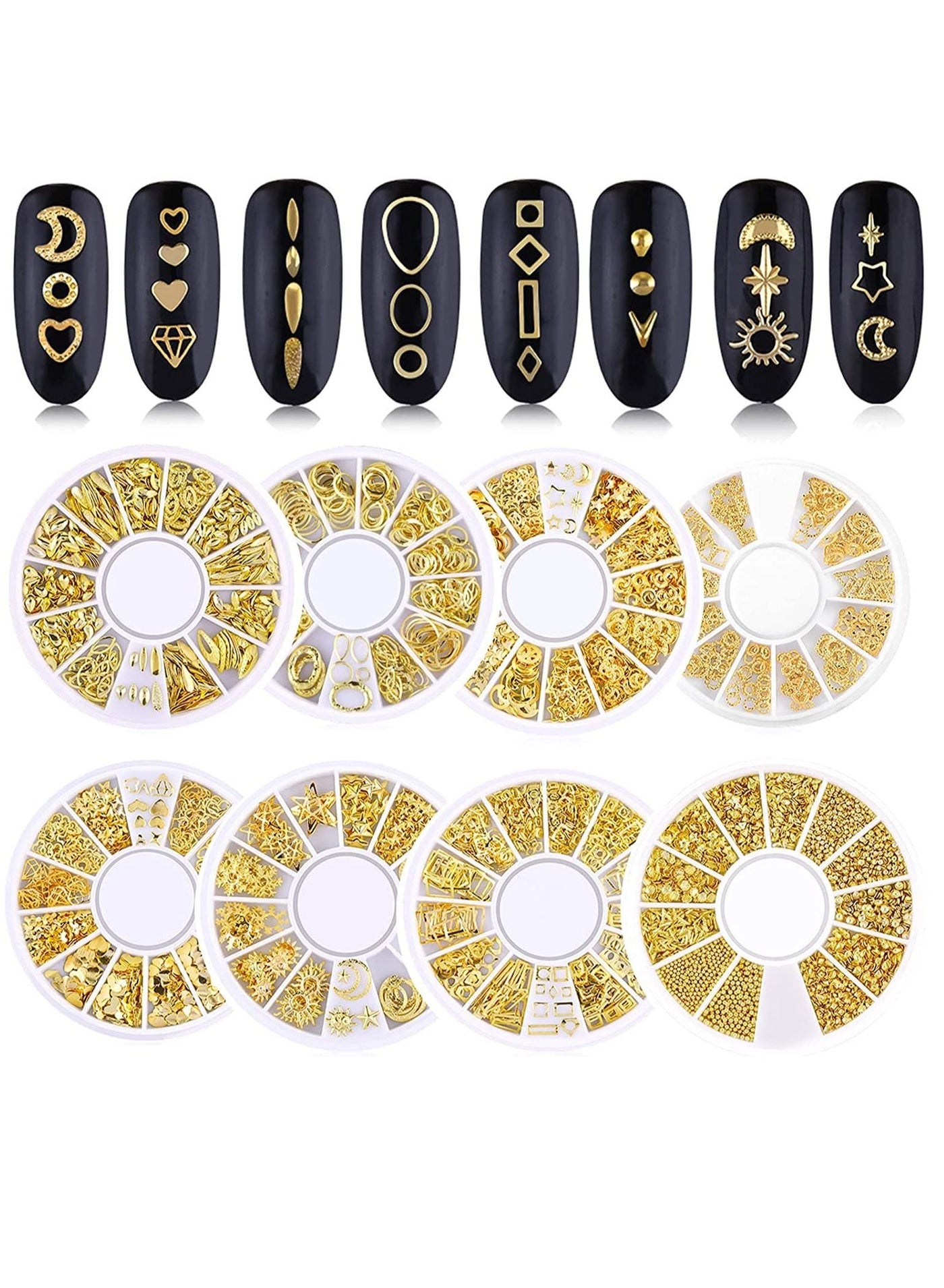 3D Nail Art Studs, Nail Jewelry, Mixed Nail Art Beads, Nail Art Rhinestones, Metal Gold Star Moon Sun Heart Accessories for DIY Nail Deco for Women Girl - DIY Nail Design Craft Decoration 8 Boxes
