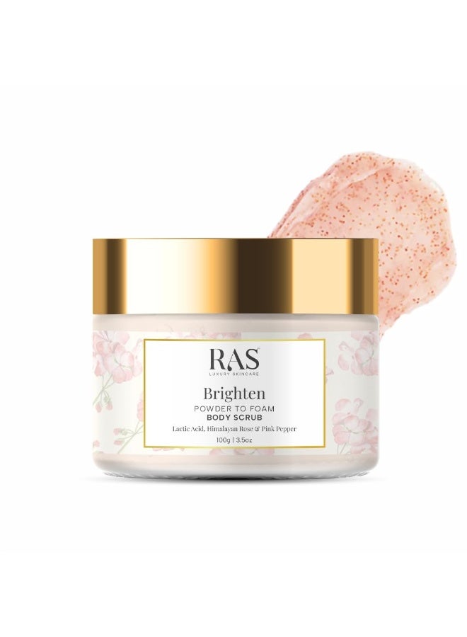 Luxury Oils Brighten Exfoliating Powder to Foam Body Scrub | Tan Removing & Gentle Exfoliation | Orange, Himalayan Rose & Pink Pepper | For Men & Women | Vegan, Toxin & Cruelty Free | 100g
