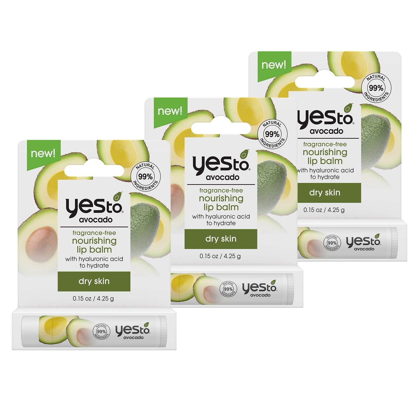 Yes To Fragrance-Free Avocado Nourishing Lip Balm, Moisturizing Non-Sticky Salve To Replenish Lips With Nutrients, With Omega-3 Fatty Acids & Hyaluronic Acid, Natural & Cruelty Free, 0.15 Oz, 3-Pack