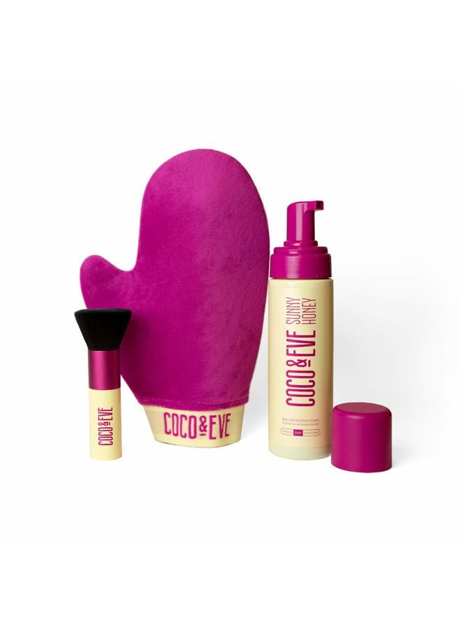 Sunny Honey Bali Bronzing Bundle (Ultra Dark). All Natural Sunless Tanning Mousse. Instant Self Tanning Lotion with Bronzer, Mitt Applicator and Kabuki Brush.