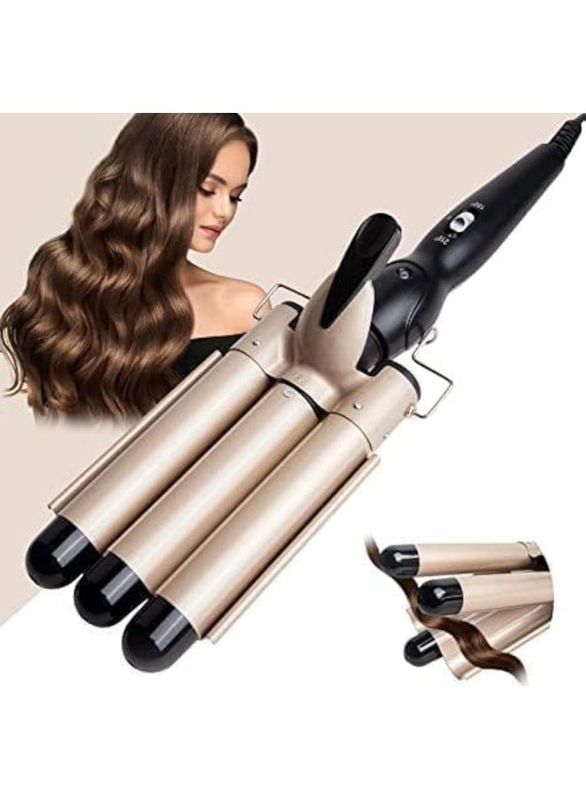 Gold 3-Barrel Curling Iron: 1-Inch Triple Barrel Hair Waver for Beachy Waves, Adjustable Temperature Ceramic Tourmaline Curler
