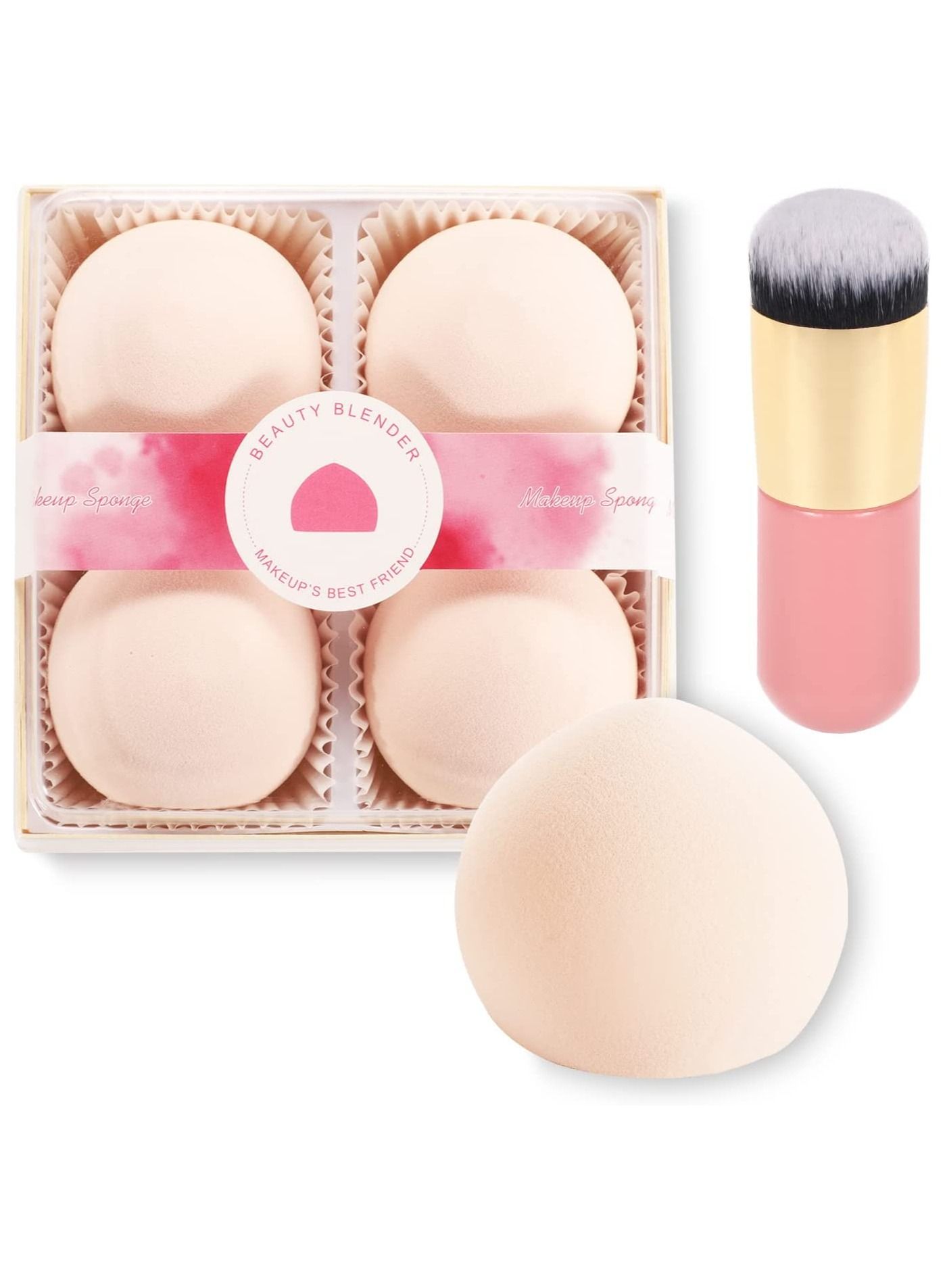 4 Pcs Makeup Sponges, Expanding Marshmallow Pink Foundation Beauty Blenders, Latex-Free Concealer Blenders with Foundation Brushes