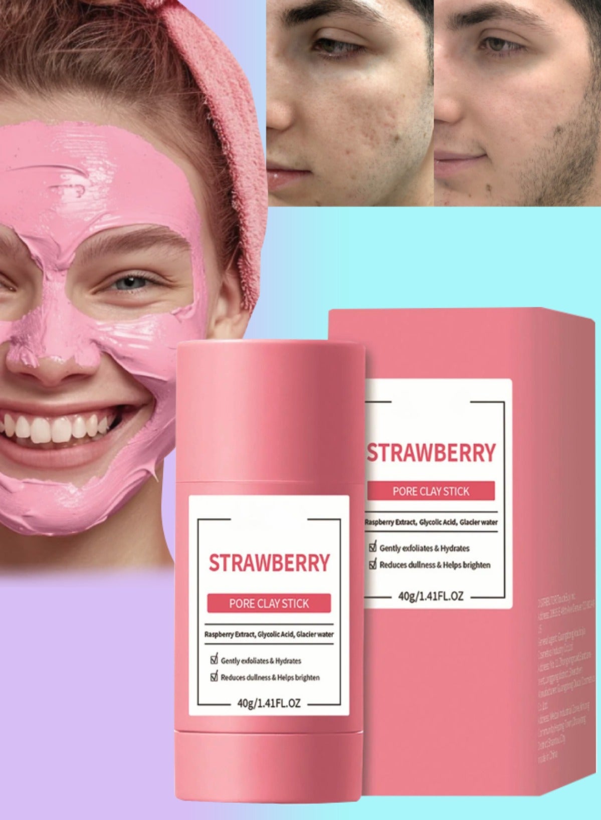 Strawberry Pore Clay Stick Gently Exfoliates and Hydrates Helps Skin Brightens with Raspberry Extract & Glycolic Acid Face Clay Mask Pore Minimizer Deep Cleaning Face Mask Stick for Men and Women 40g