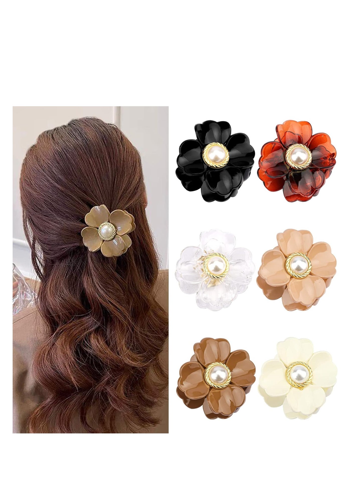 Flower Hair Clips Sweet Pearl Flower Hair Claw Clips Non Slip Strong Hold Hair Catch Barrettes 6 Colors Acrylic Jaw Clamps for Women Girls Medium Thick Hair 6PCS