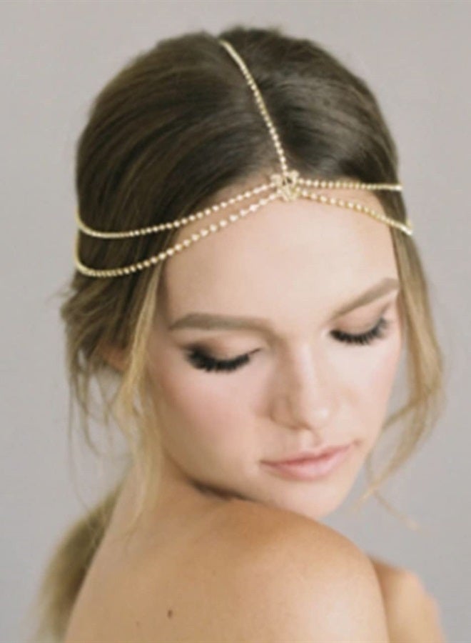 Dainty Layered Rhinestone Head Chain for Teens Bohemian Forehead Bridal Headpiece Wedding Hair Accessories for Women and Girls(Gold）