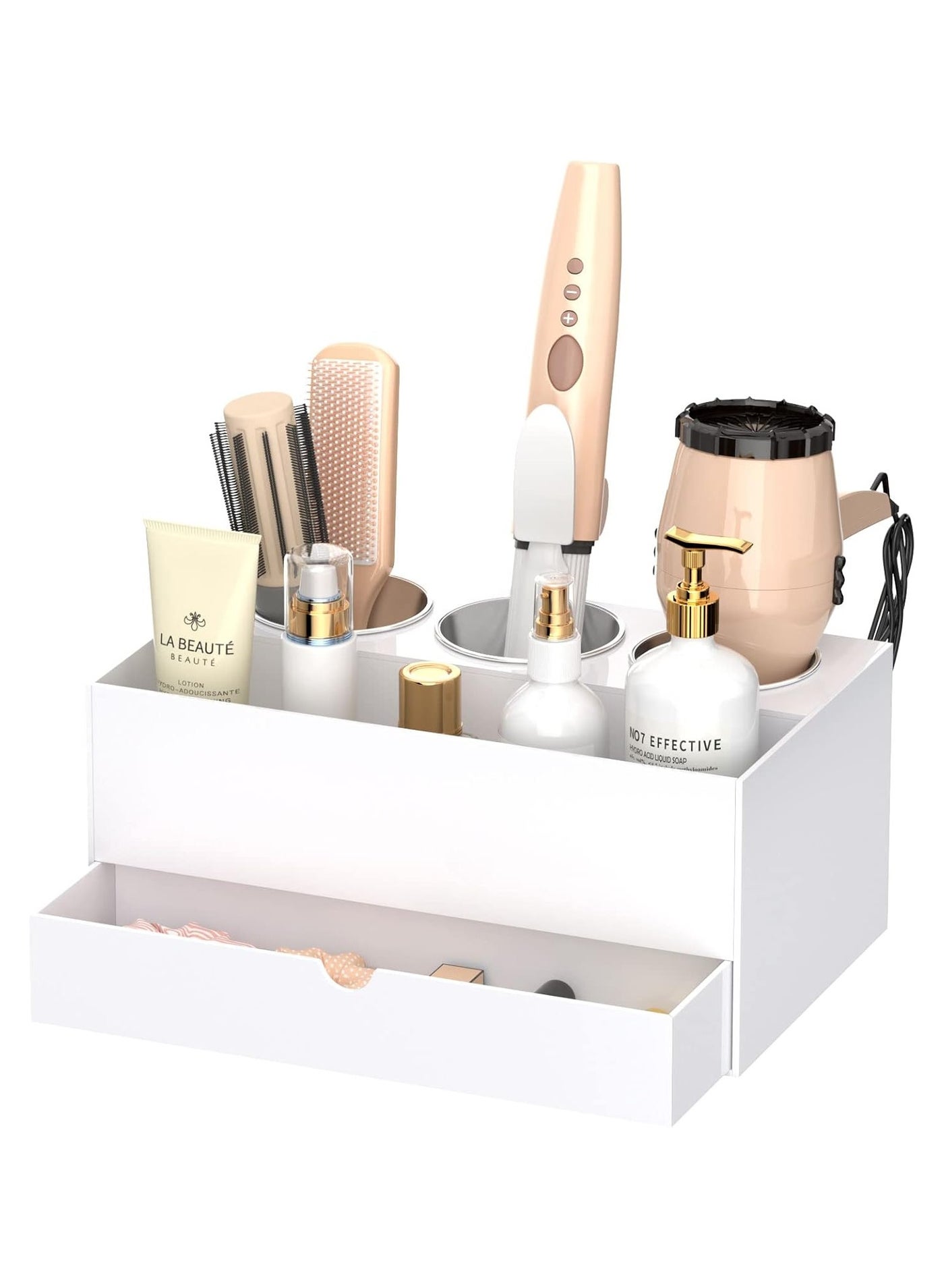 Hair Tool Organizer | White Acrylic Hair Dryer and Styling Organizer with Drawer | Bathroom Countertop Blow Dryer Holder | Vanity Caddy Storage Stand for Accessories, Makeup, Toiletries