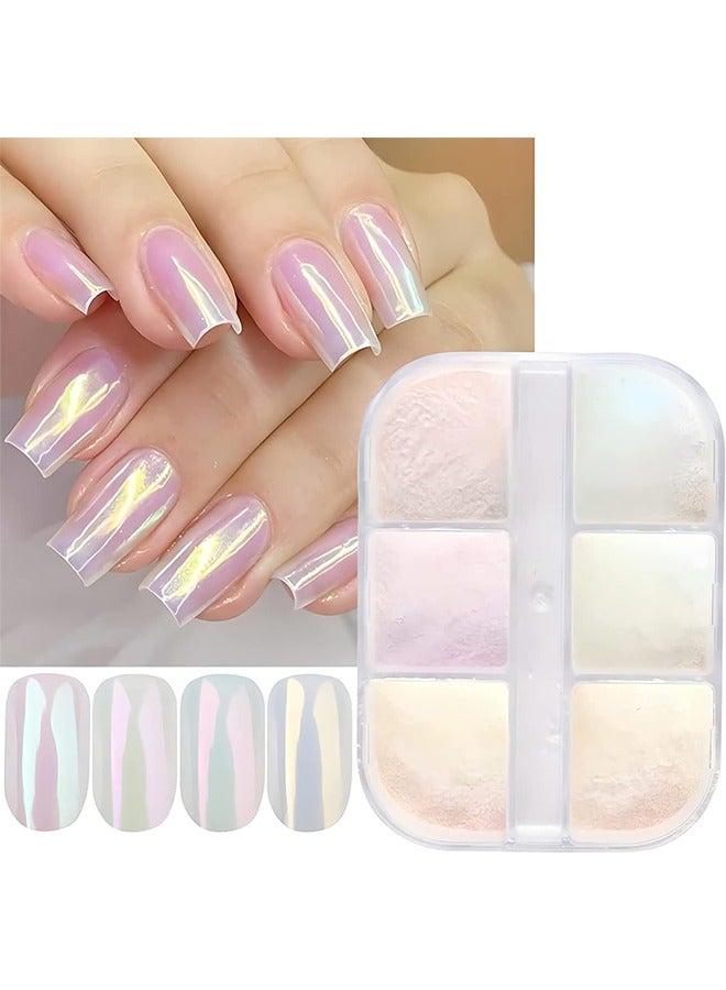 6 Colors Chrome Nail Powder Metallic Mirror Effect Aurora Magic Pearl Chrome Nails Powder for Nail Art Gel Polish, Metallic Iridescent Mica Chrome Powder Iridescent Nails Powder