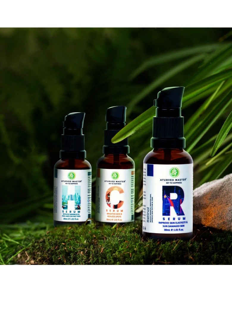 Trio Face Serum | Natural Anti-Aging Set with Vitamin C | Retinol | Hyaluronic Acid | Effective Anti-Wrinkle & Dark Circle Remover | Moisturizing & All-Natural Skincare Solution | Pack of 3 | 30ML