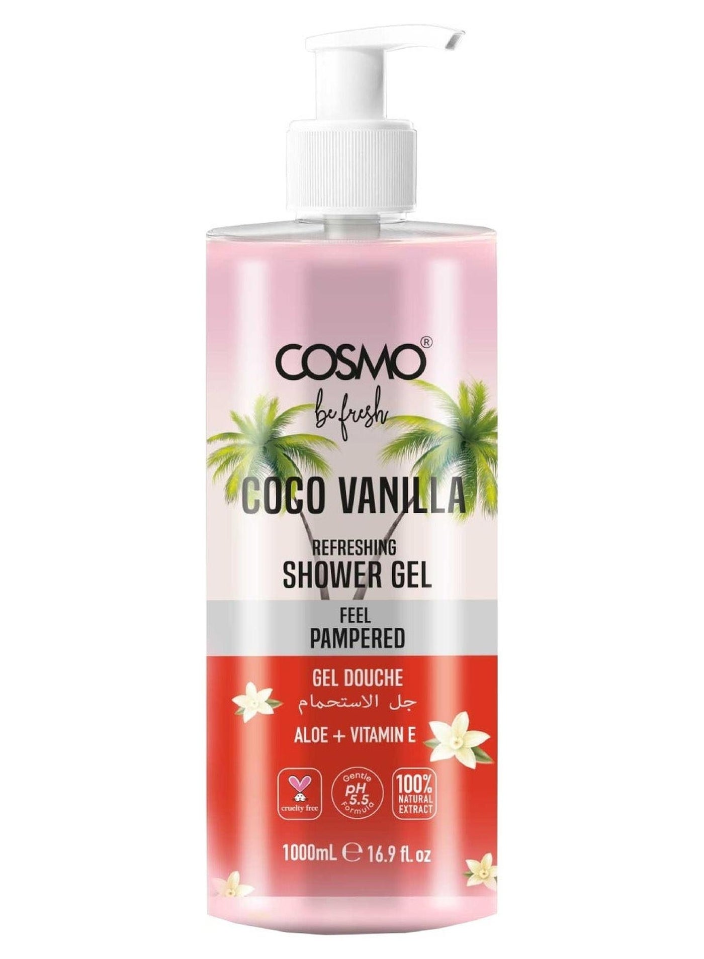Cosmo Be Fresh Cocoa Vanilla Shower Gel with Aloe & Vitamin E 1000ml, Moisturizing Body Wash, Feel Pampered, Soft & Smooth Skin, Sweet & Warm Scent, Daily Gentle Cleanser for Men & Women