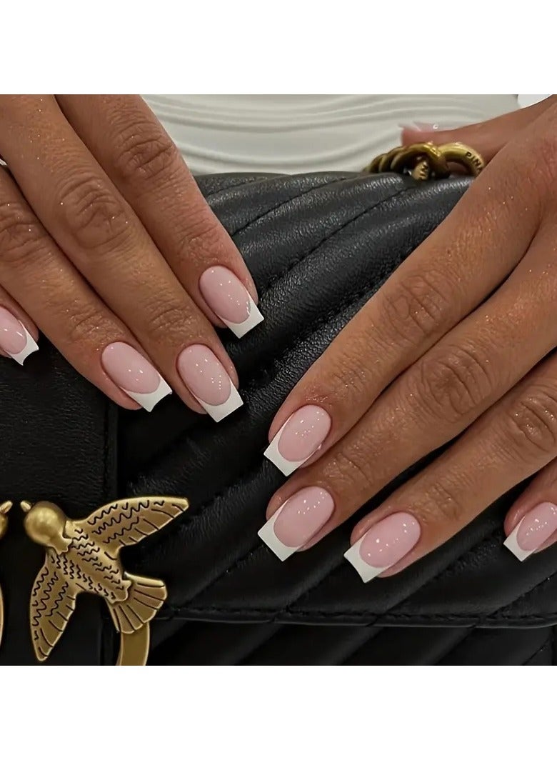 24 pcs Ballet French White Edge Press On Nails - Medium Long Coffin Fake Nails for Women, Girls, and Teens - Includes Glue Sticker and Nails File
