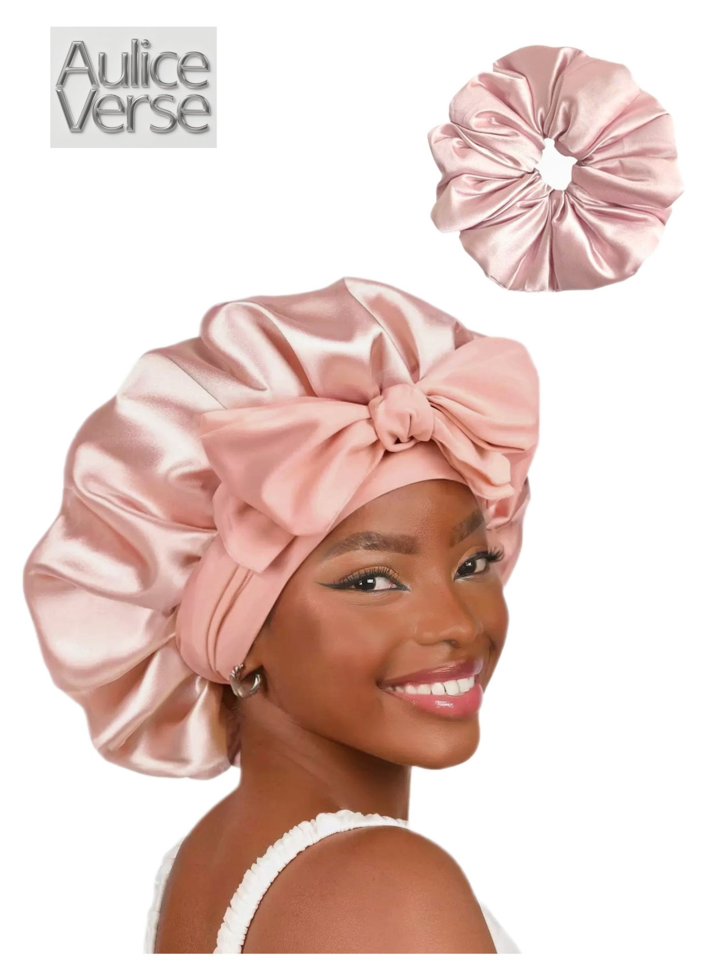 2-in-1 Double Layer Satin Silk Bonnet & Scrunchie Set – Sleep Hair Wrap for Curly & Natural Hair – Adjustable Tie Band (Lined for Protection)