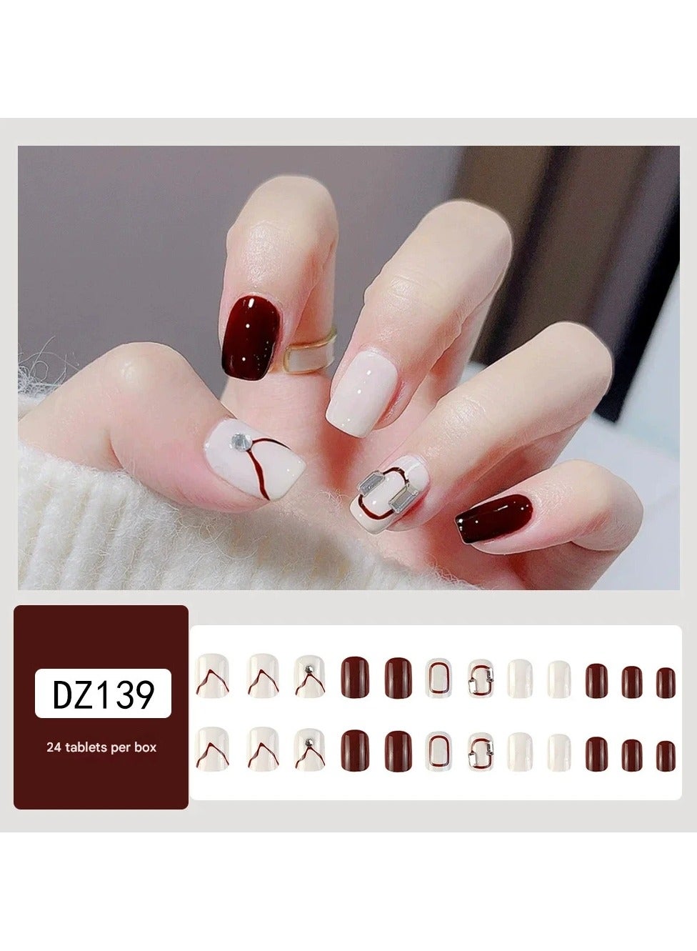 Short Burgundy Color Block Handmade Press On Nails – Removable Fake Nail Tips for Girls, 24pcs Reusable, Sweet Daily/Casual Wear