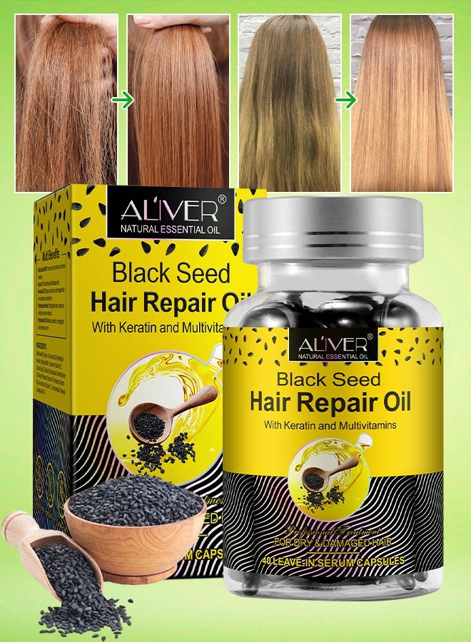 40 Pcs Black Seed Hair Repair Oil Capsules Organic Black Seed Oil with Keratin & Multivitamins Black Seed Hair Repair Oil Shines Nourishing Repair Dry & Damaged Hair Treatment Leave-In Serum