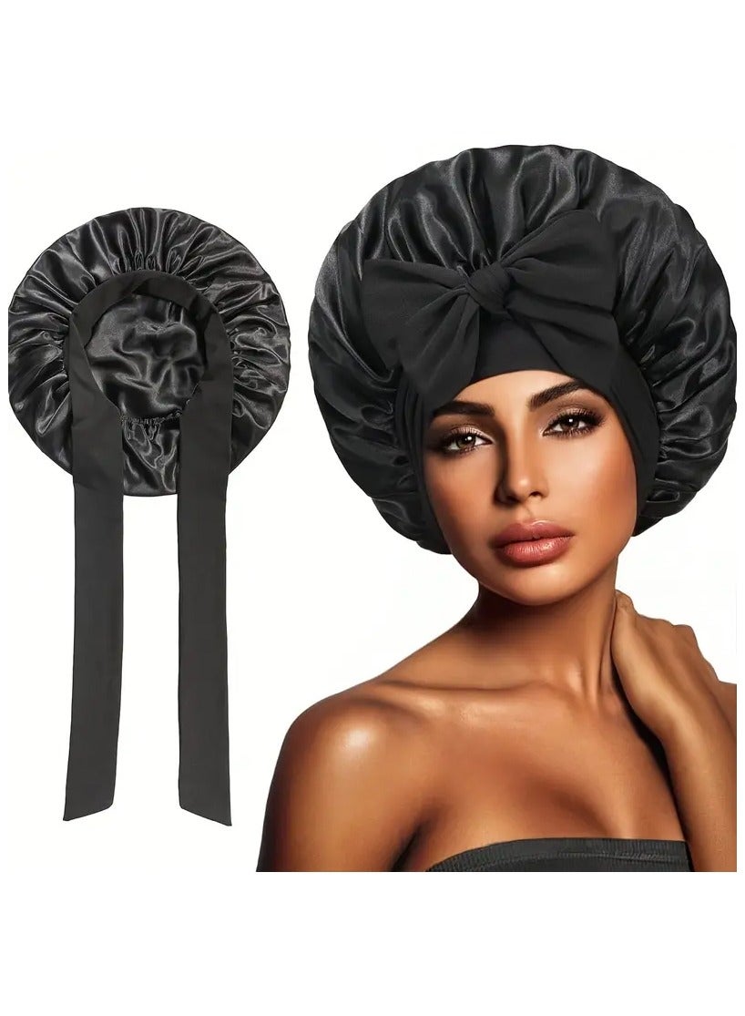 1pc Women'S Wide Brimmed Elastic Hair Bonnet with Flutter Knot, Polyester Curl Enhancing Nightcap, Woven Unscented Hair Care Cap for Curly Textured Hair