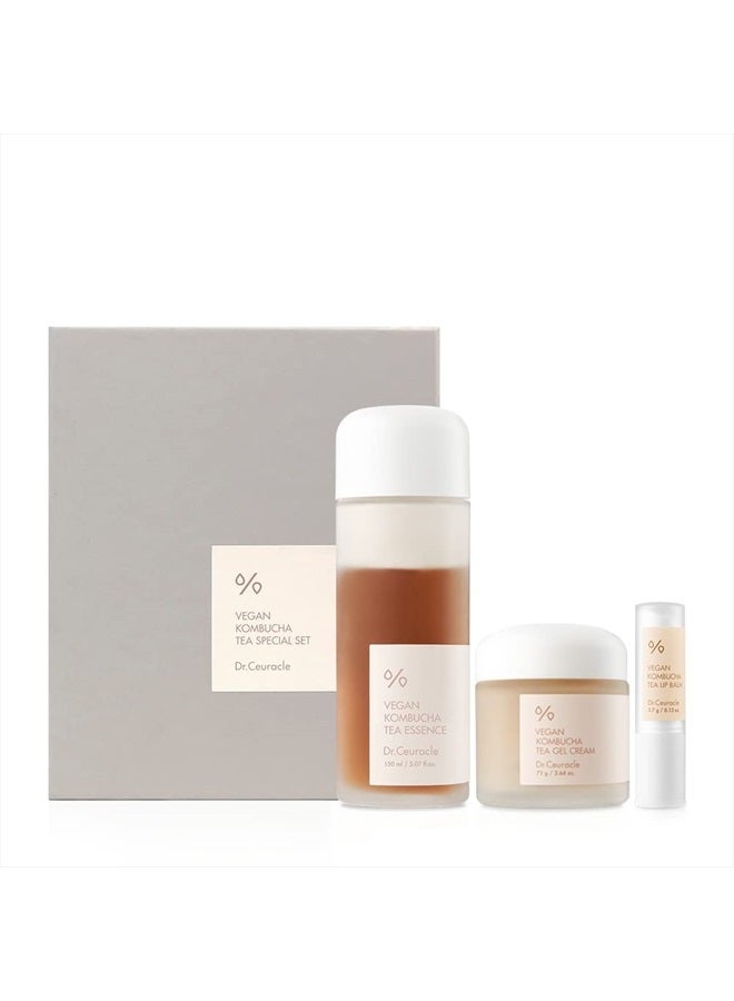 Vegan Kombucha Tea Special Setㅣ3-Piece Skincare Gift with Essence, Gel Cream, Lip BalmㅣHydrating, Detoxifying, NourishingㅣMade in Korea, Cruelty Free
