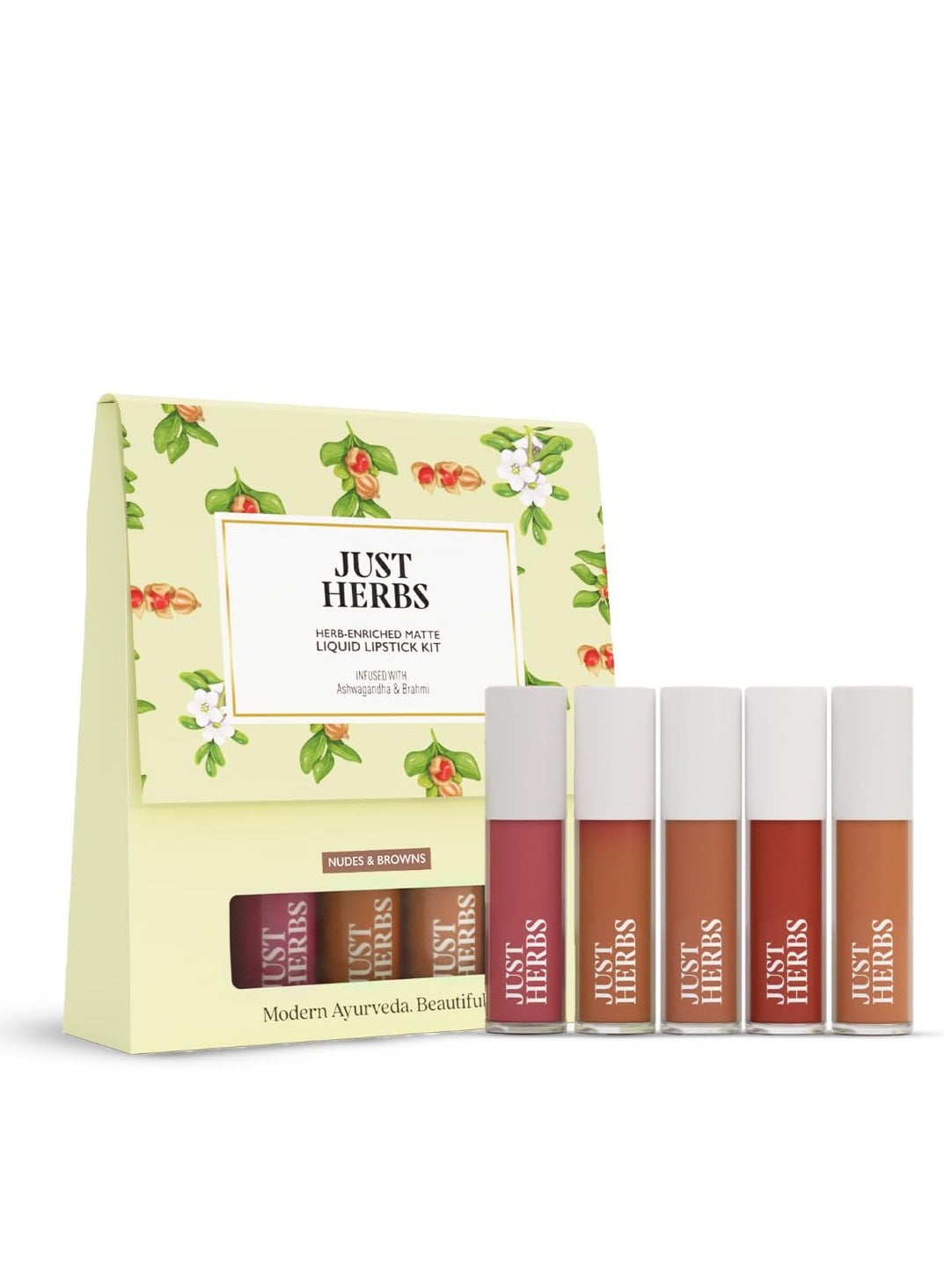 Just Herbs Herb Enriched Matte Liquid Lipstick | Set of 5 | Liquid Lipstick for Women | Nudes & Browns Shade | Hydrating & Lightweight | Ashwagandha & Brahmi - 1ml x 5u