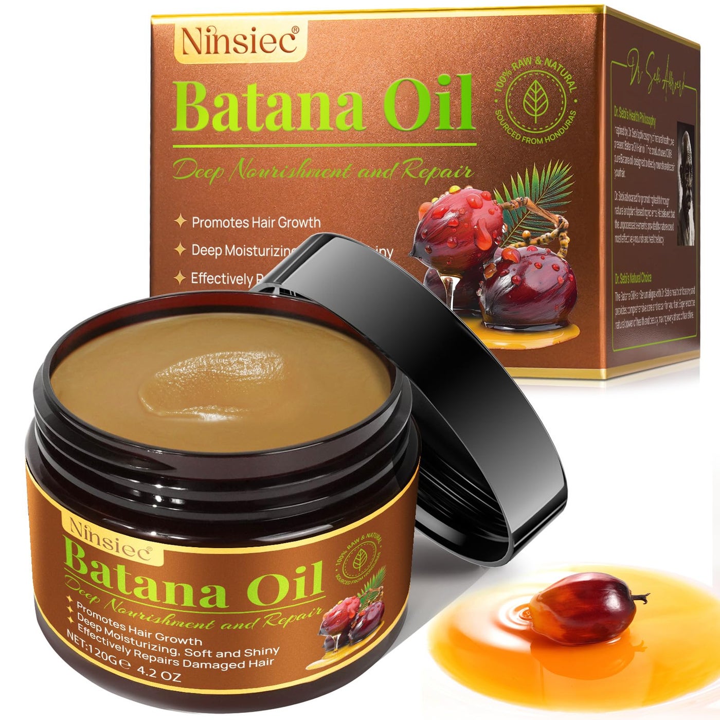 Ninsiec Organic Batana Oil for Hair - Pure Unrefined Oil from Honduras, Helps Strengthen, Hydrate and Repair Damaged Hair, Supports Healthy Looking Hair Growth