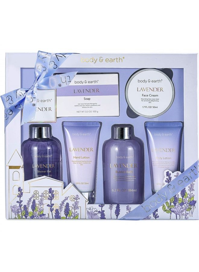 Bath Spa Gifts for Women - Gift Set for Women, Body & Earth Luxury 6 Pcs Lavender Scent Women Gift Box with Bubble Bath, Shower Gel, Hand & Face Cream, Body Lotion, Bath Gift Set for Women, Birthday G