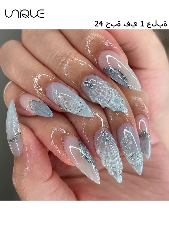 24Pcs Fake Nails, Press Nails, Mid-Almond Manicure - Gradient Blue Shiny Unique Nail Art - 3D Water Drop Shell Manicure - Fake Nail Patch