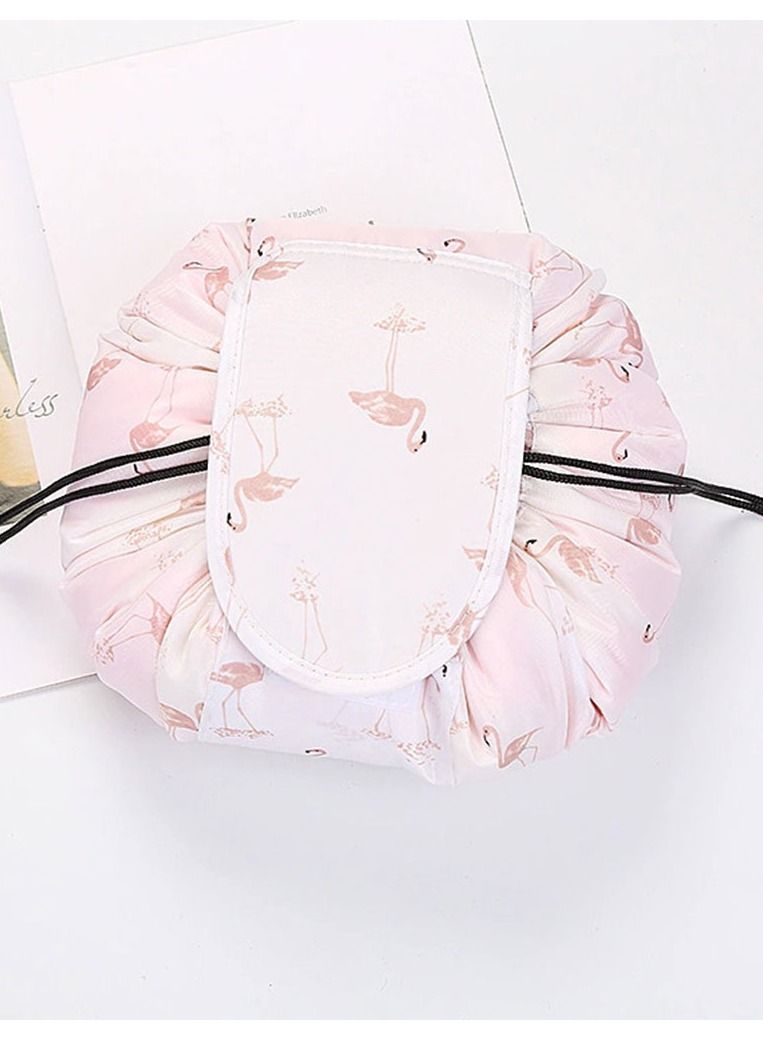 Makeup Bag Drawstring Travel Cosmetic Bag Round Magic Toiletry Beauty Kit Pouch Flamingo Print